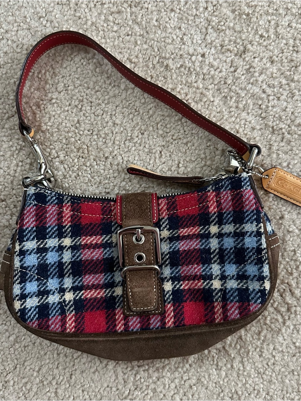 COACH Soho Plaid Wool Mini Shoulder Bag Y2K Red Check Suede Leather Rare ๐โค๏ธ๐ค - Picture 2 of 12